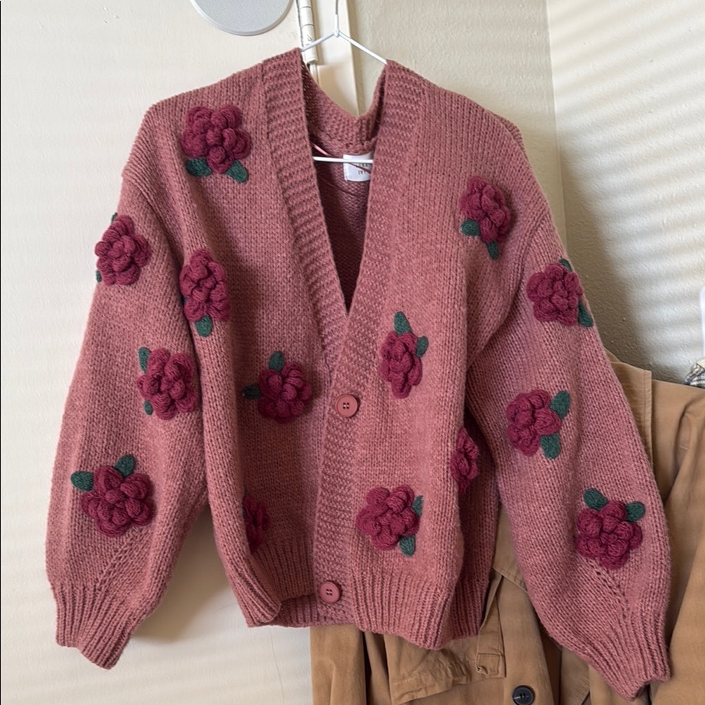 Floral Knit Cardigan Sweater - Pink